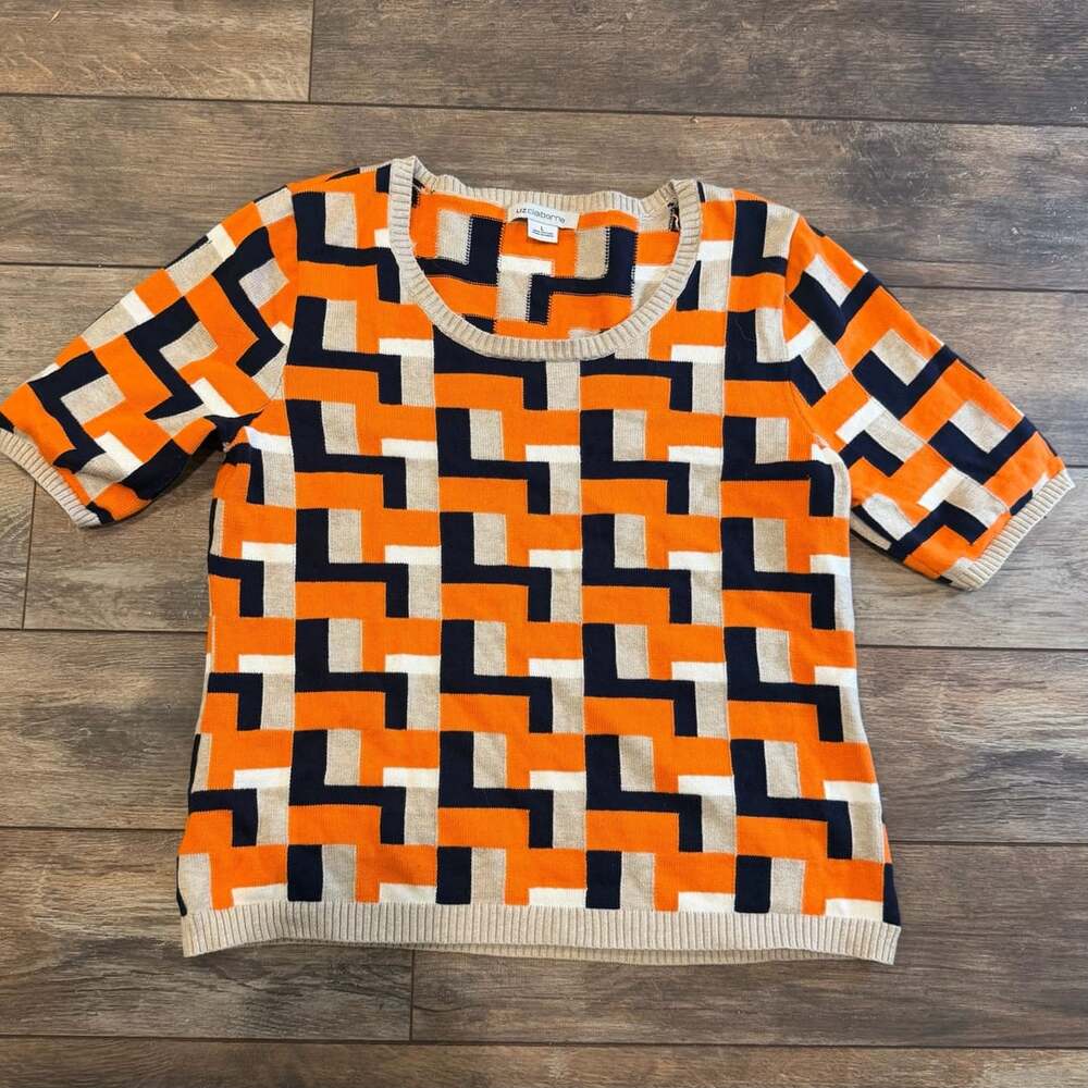Liz Claiborne Geometric Print Short Sleeve Knit Sweater Size L